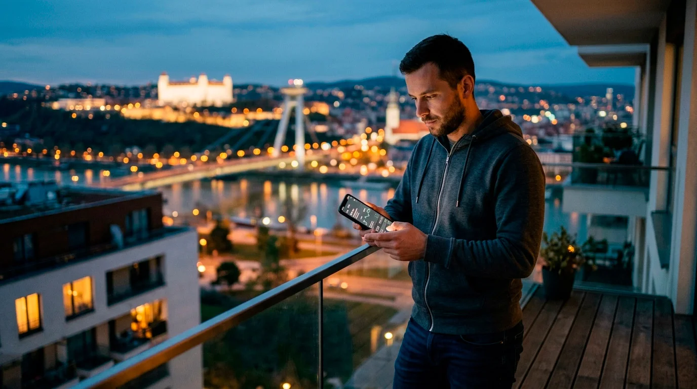 Slovenský fanúšik športu sleduje zápas večer v hlavnom meste s mobilom v ruke